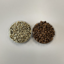 green and roasted coffee beans from Brazil in two bowls next to each other on a white background